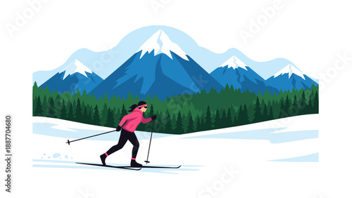 Woman cross-country skiing through snowy mountain landscape with majestic peaks