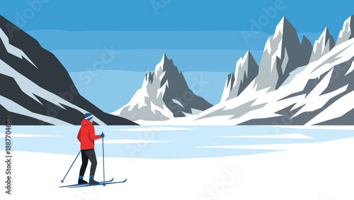Winter landscape with mountain peaks and cross-country skier in flat design