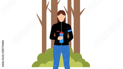 Woman with water bottle in forest setting and geometric pants