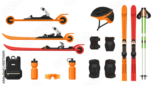 Winter and roller ski equipment collection with safety gear in flat design