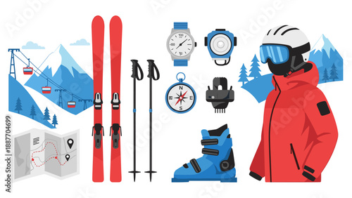 Winter sports gear and equipment with skier in mountains