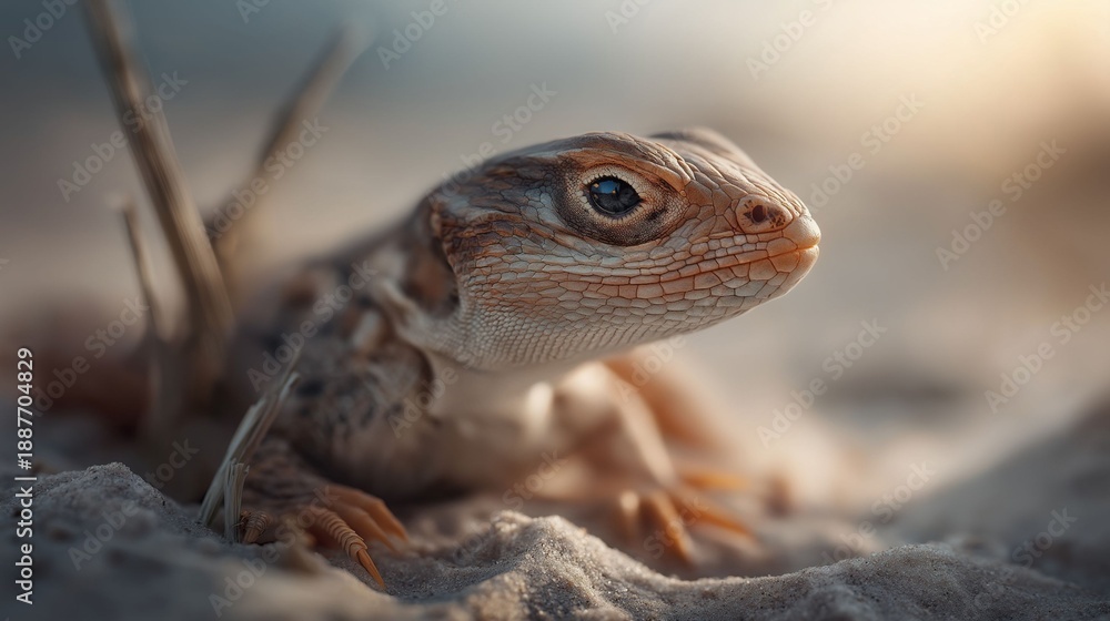 Fototapeta premium A lizard is laying on the sand, looking up at the camera