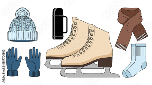 Cozy winter bundle with ice skates, knitwear, and thermos for outdoor fun