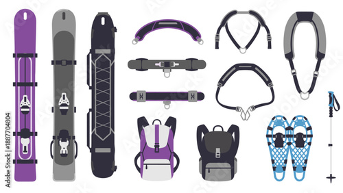 Flat design winter sports gear and equipment collection for outdoor adventures
