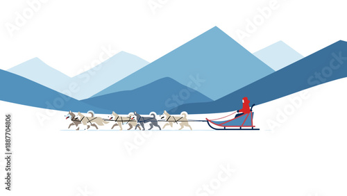 Sled dogs racing through snowy mountain landscape in minimal design