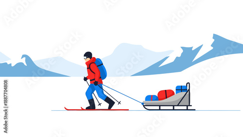 Skier pulling sled in snowy mountain landscape with minimalist flat design