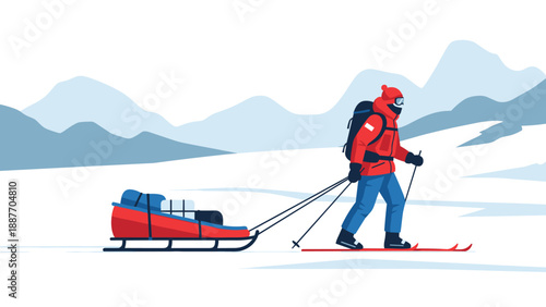 Winter adventure: skiing with sled in snowy mountains