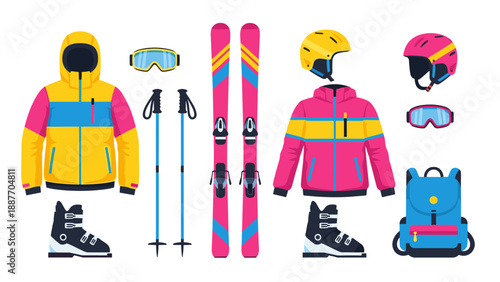 Colorful ski gear collection: jackets, skis, poles, and helmets for winter fun