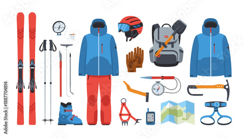 Essential climbing gear set including clothing, equipment, and accessories for winter sports adventure