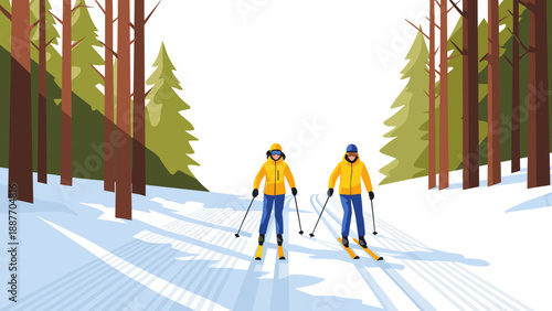 Winter adventure: skiers enjoying a sunny day in the forest
