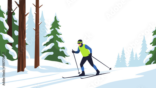 Winter cross country skiing adventure in snowy forest landscape