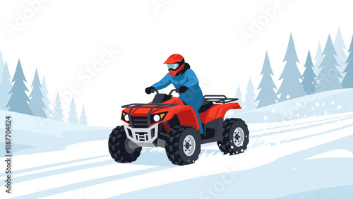 Thrilling winter adventure on all terrain vehicle in snowy forest scene