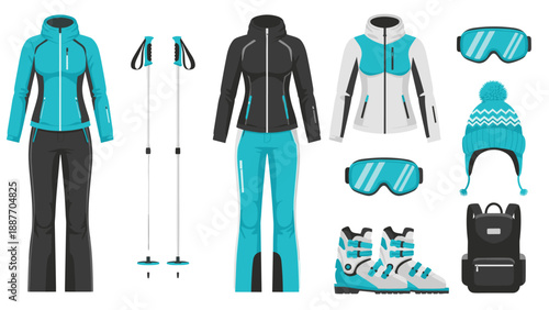 Winter sports gear: essentials for skiing and snowboarding in stylish blue and black