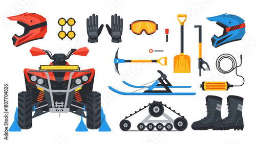Winter equipment and off-road tools in flat design