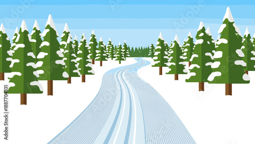 Winter landscape with snowy pine trees and ski trail