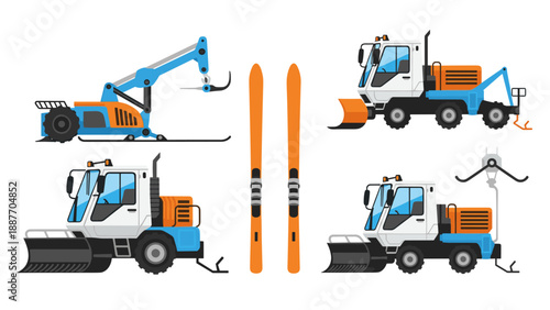 Winter maintenance vehicles and equipment for snow removal in flat style