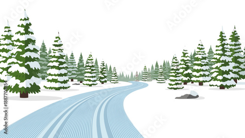 Winter scene with snowy trees and ski trail in flat design