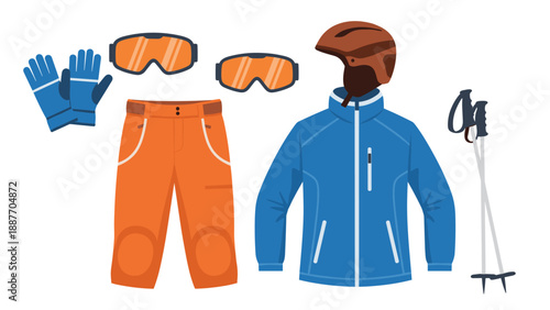 Winter sports gear essentials: jacket, pants, helmet, goggles, gloves, poles