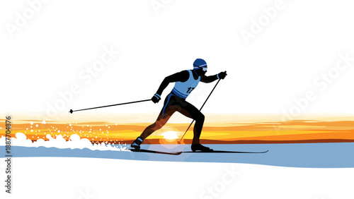 Cross country skiing at sunset: silhouette of athlete in action against vibrant sky