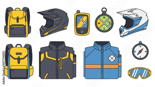 Outdoor adventure gear: backpacks, helmets, and essential equipment set