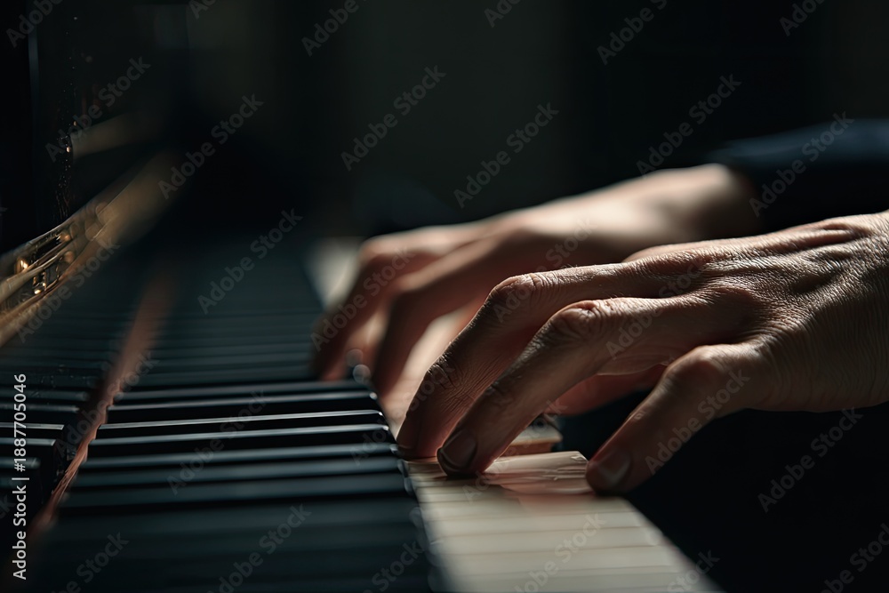 Fototapeta premium A close-up showcases a pianist's hands gracefully playing a black and white keyboard