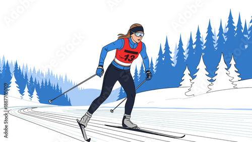 Cross country skiing in winter forest with nordic skier in action