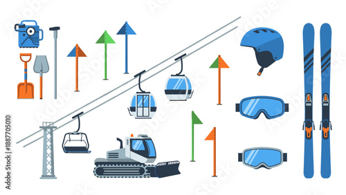 Winter sports equipment and ski lift elements in flat design for outdoor adventure enthusiasts