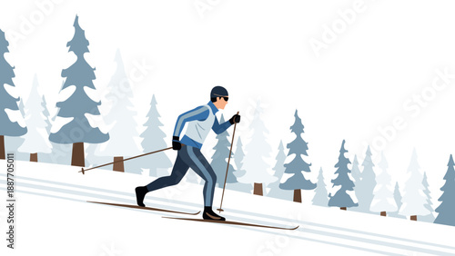 Winter forest adventure: skiing enthusiast gliding through snowy pine landscape