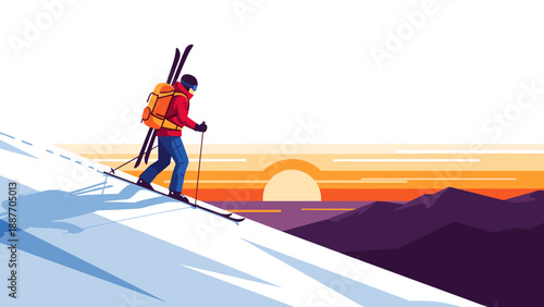 Winter adventure: skiing downhill at sunset in minimalist style