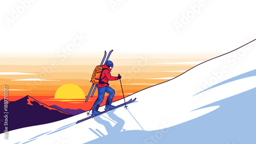 Sunrise ski adventure: climber ascends snowy mountain in dynamic flat style