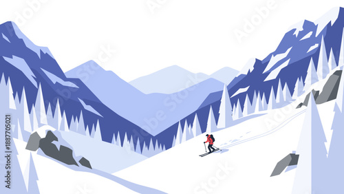 Skier in alpine winter landscape with snowy mountains and pine trees