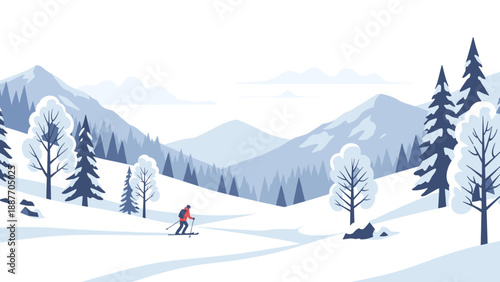 Skiing adventure in snowy mountain landscape with winter forest scenery