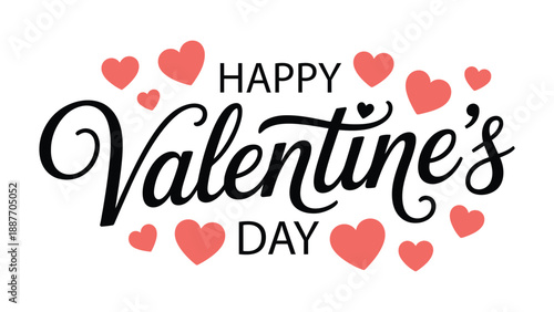  happy valentine’s day hand lettering typography with red hearts on white background, romantic love celebration design for greeting cards, posters, banners and social media