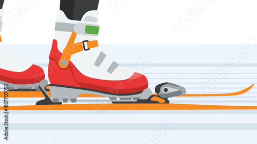 Close-up of ski boot with bindings on cross country skis in flat design