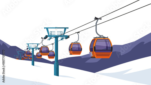 Mountain ski lift in minimalist style with snowy landscape and cable cars