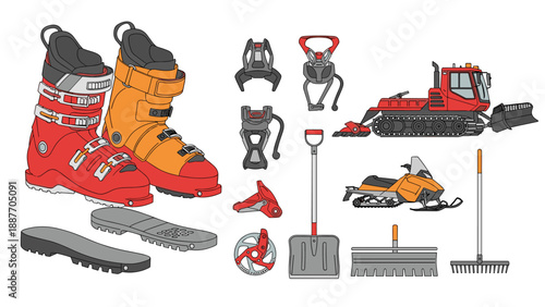 Winter sports equipment and tools collection featuring ski boots, snowmobile, and snow grooming implements