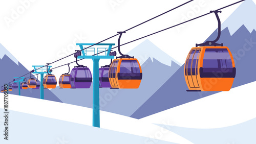 Colorful cable cars on mountainous winter landscape