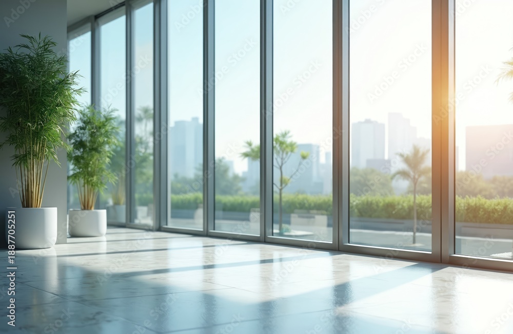 Fototapeta premium Bright office interior with large glass windows overlooks a city skyline with green plants. Sunlight reflects on a polished floor creating a calm ambiance and modern aesthetic for business.