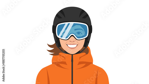 Smiling female skier in orange jacket and helmet with goggles against white background