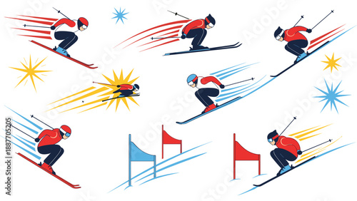 Dynamic winter sports: energetic alpine skiers in action with vibrant colors and speed lines