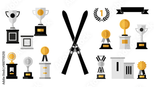 Award trophies and ski equipment collection in flat design