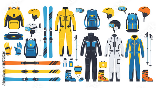 Colorful collection of flat winter sports gear and equipment for skiing and snowboarding enthusiasts