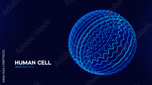 Abstract Human Cell Structure With Digital Dots And Wave Lines Representing Biology, Medicine, And Scientific Research. Human Cells. Vector Illustration.