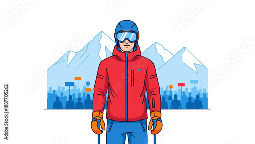 Skiing adventure: modern flat design with mountains and skier