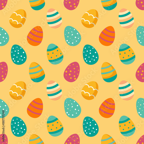 Seamless floral Easter egg pattern featuring a happy spring holiday design with yellow flowers and green leaves in a vector illustration style for seasonal wallpaper decoration