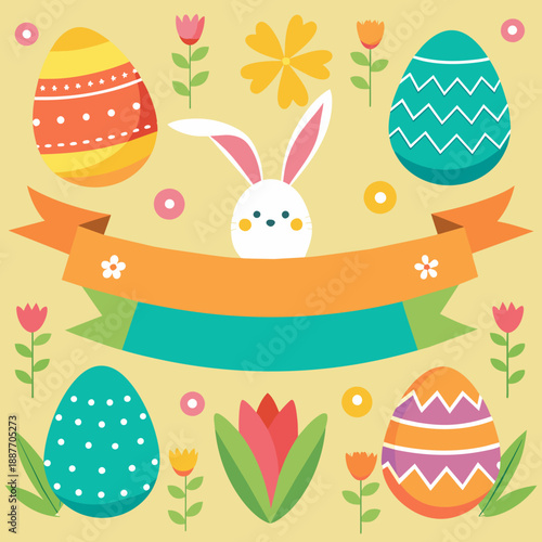 Cute cartoon Easter bunny with eggs and a baby rabbit in a spring grass meadow vector illustration for a happy holiday greeting card design featuring flowers and a pink pattern