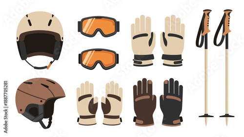 Ski equipment set with helmets, goggles, gloves, and poles in flat design