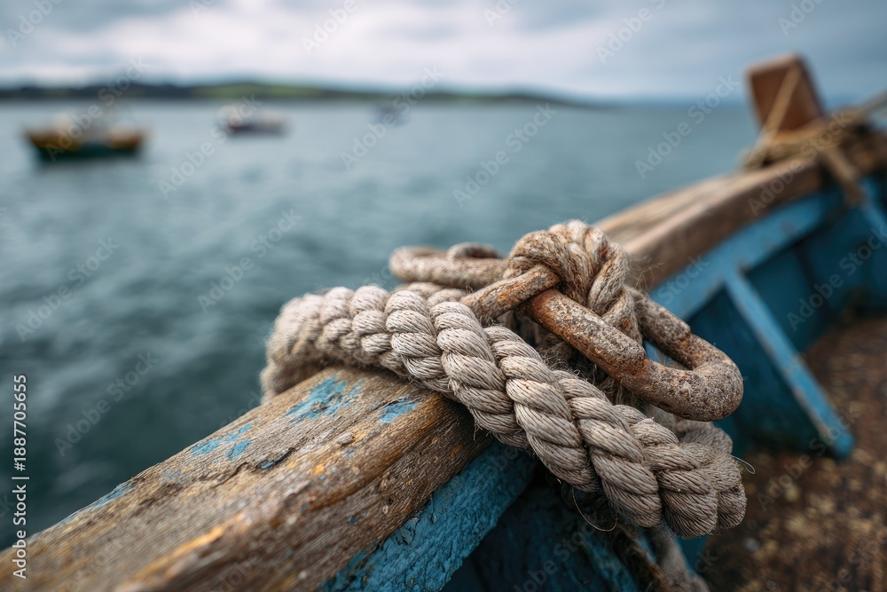 Fototapeta premium Close-up of a rope tied to a weathered blue boat on a tranquil sea, with blurred boats in background