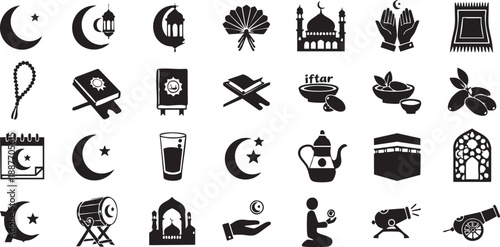 An assortment of islamic symbols and religious icons including crescents mosques and traditional elements high quality