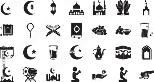 Islamic symbols and religious elements collection crescents mosques lanterns prayer and traditional imagery high quality professional
